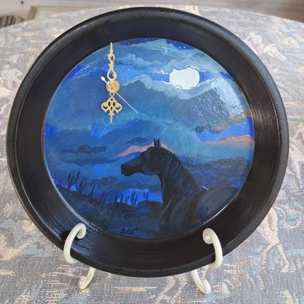 Hand Crafted Horse Clock Acrylic Painted Terra Cotta Plate Table Easel Southwest